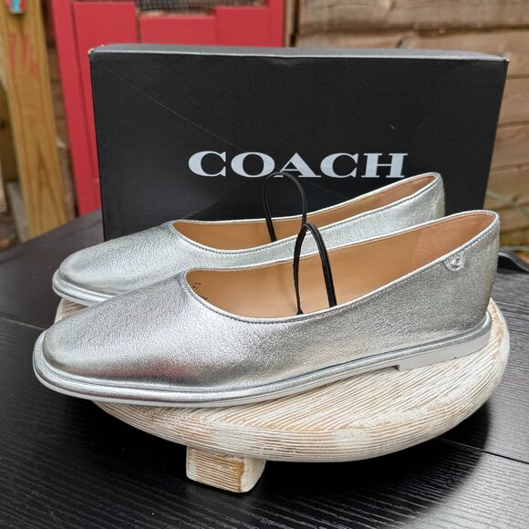 COACH Emilia Mary Jane 8.5 Ballet Flats Metallic Leather Silver Preppy New - Picture 2 of 11